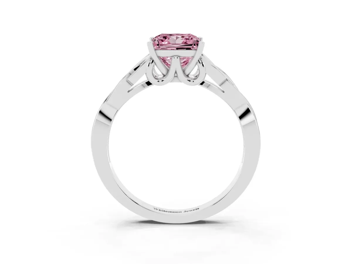 Fancy Pink Princess Cut Diamond Solitaire Engagement Ring with Celtic Knot Band and Four-Prong Setting White gold