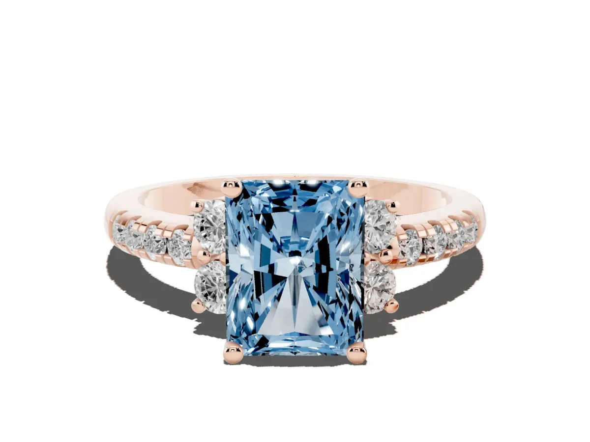 Fancy Blue Radiant Cut Diamond Three-Stone Pave Band with Four-Prong Setting Rose gold