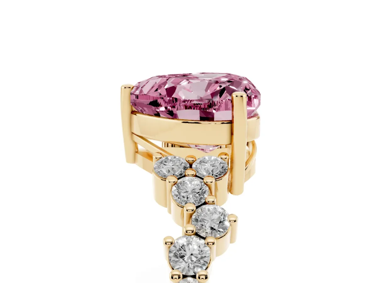 Fancy Pink Heart Cut Diamond Scattered Round Accent Ring with Prong Setting Yellow gold