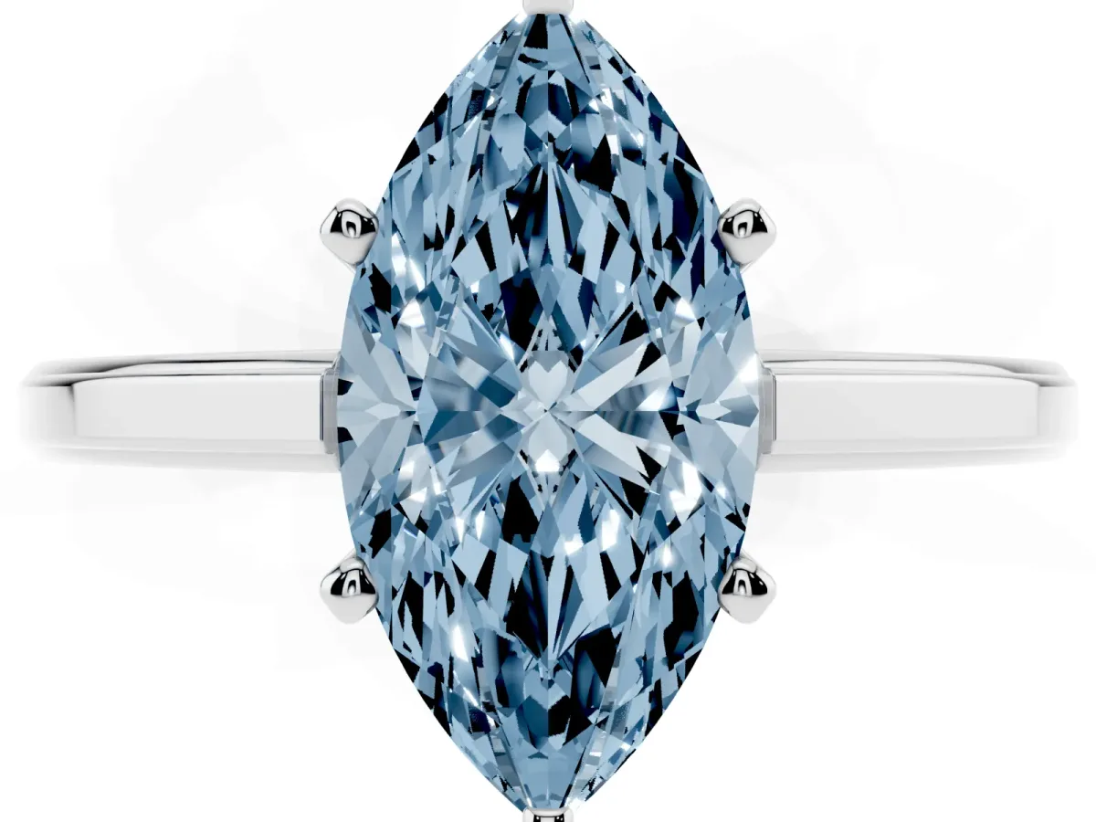 Fancy Blue Marquise Cut Solitaire Diamond Ring with Four-Prong Setting and Classic Band Platinum