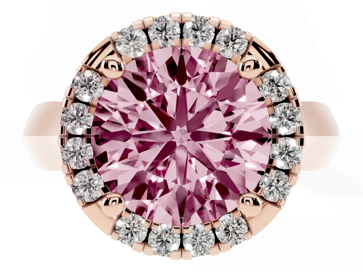 Fancy Pink Round Cut Cut Halo Solitaire Engagement Ring with Square Band and Four-Prong Setting Rose gold