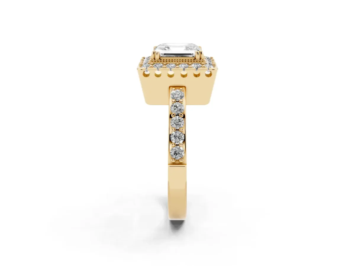 Asscher Cut Diamond Halo Ring with Pavé Band and Prong Setting Yellow gold