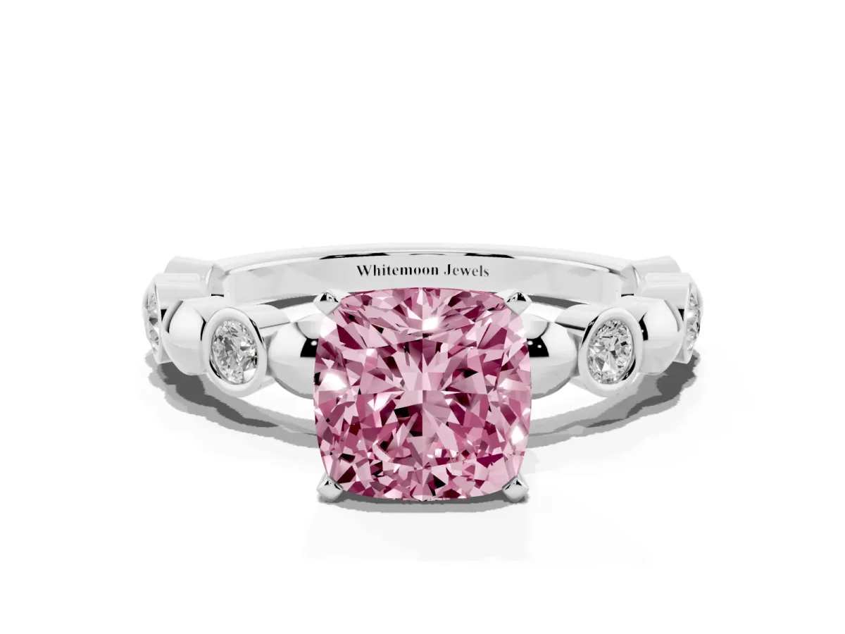 Fancy Pink Cushion Cut Solitaire Bezel-Set Diamond Ring with Beaded Band and Four-Prong Setting Silver