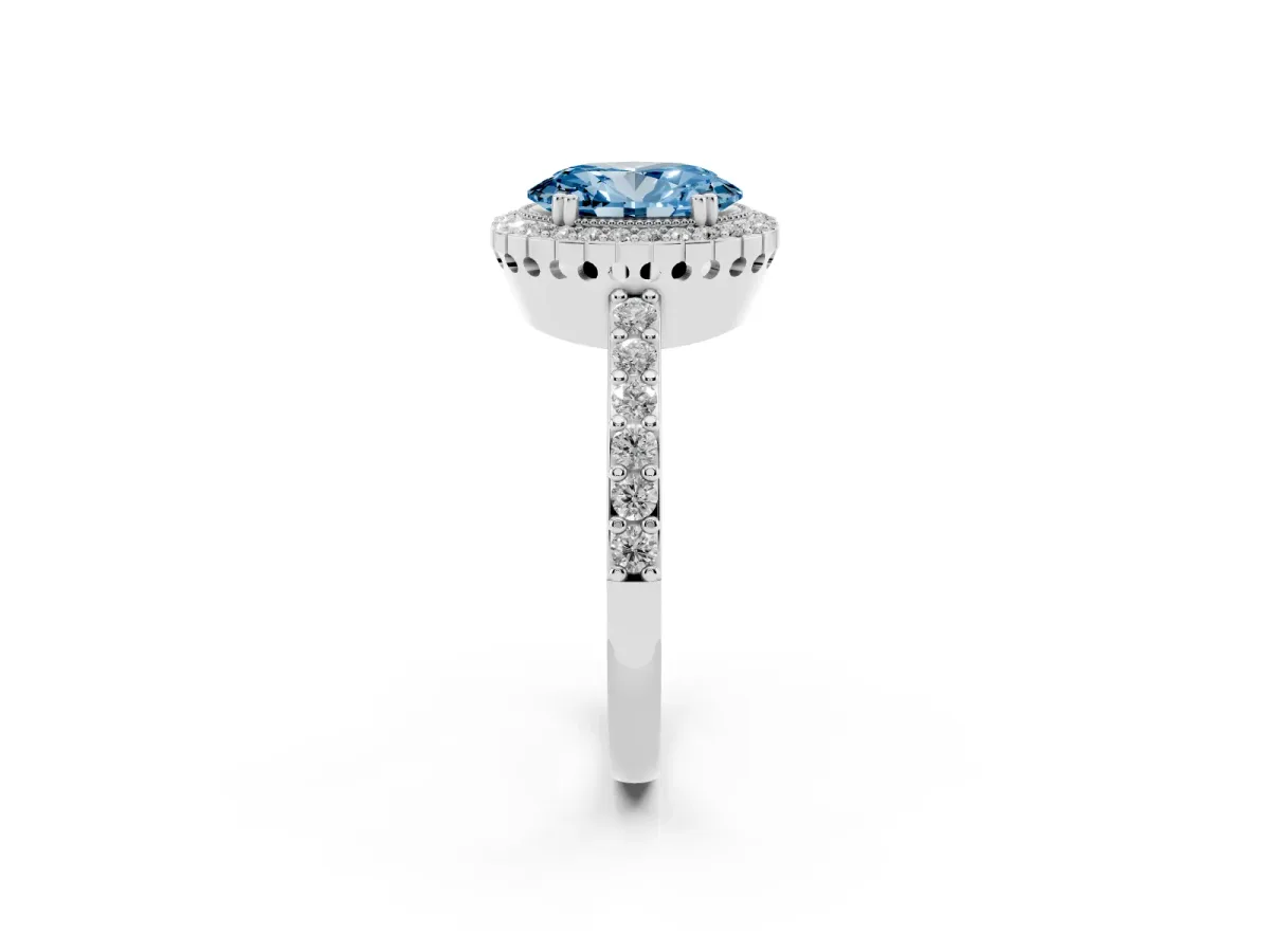 Fancy Blue Oval Cut Cut Diamond Halo Engagement Ring with Milgrain Detail and Pavé Band White gold