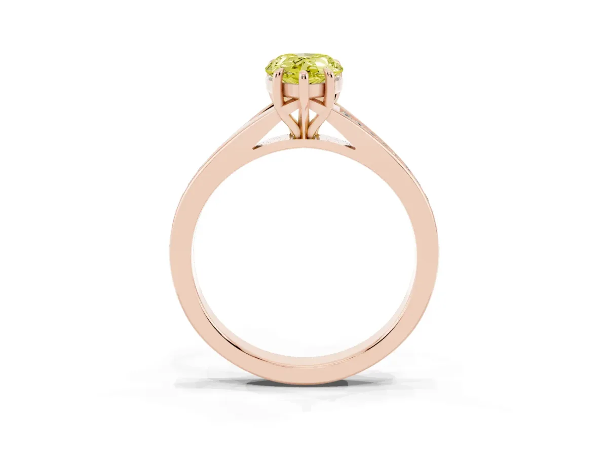 Fancy Yellow Pear Cut Diamond Solitaire Ring with Pavé Band and Prong Setting Rose gold