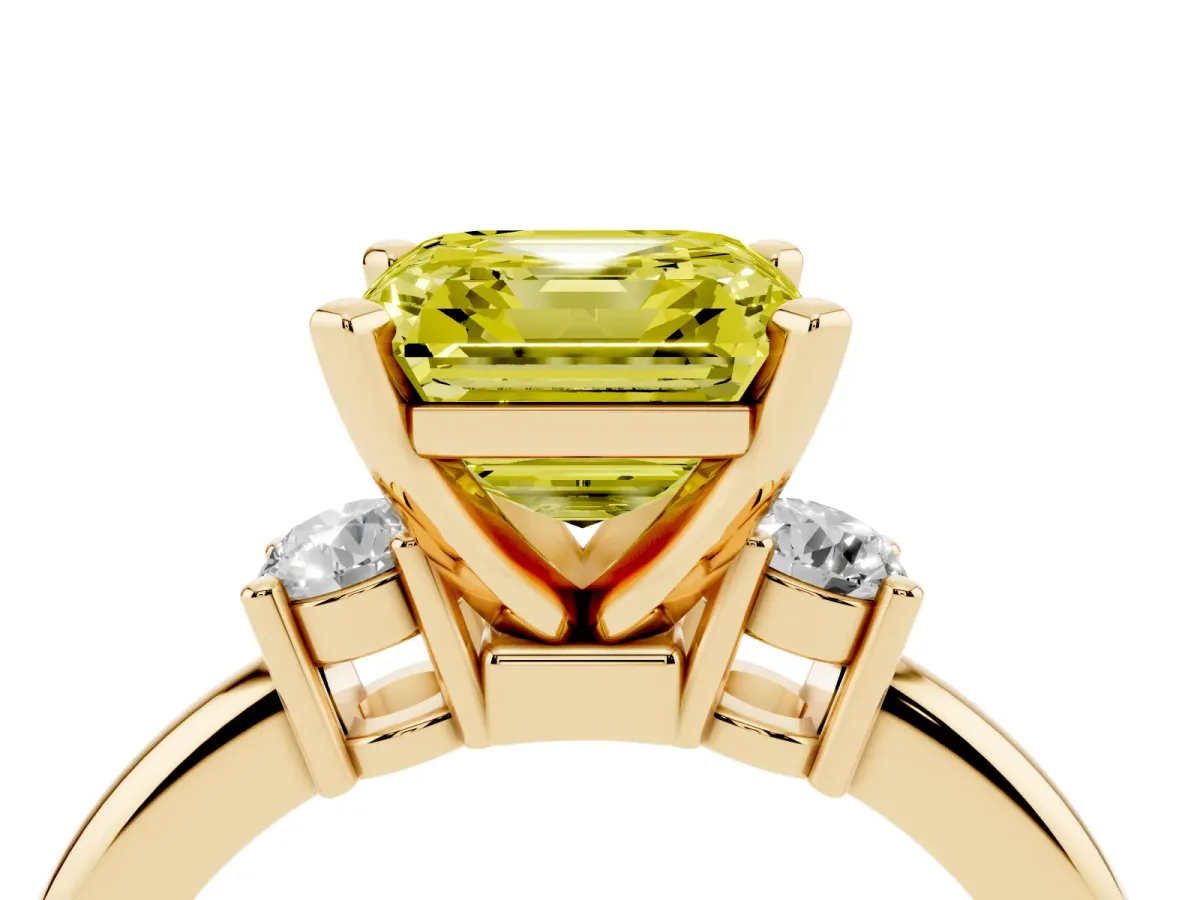 Fancy Yellow Three-Stone Asscher Cut Cut Diamond Solitaire with Prong Setting and Classic Band Yellow gold
