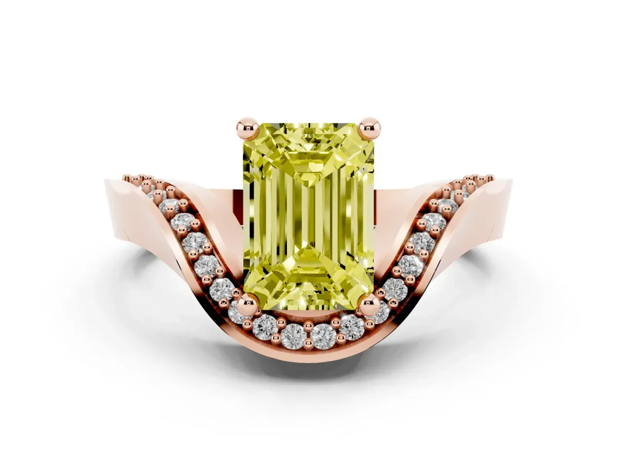 Fancy Yellow Emerald Cut Solitaire Diamond Engagement Ring with Pave Band and Four-Prong Setting Rose gold