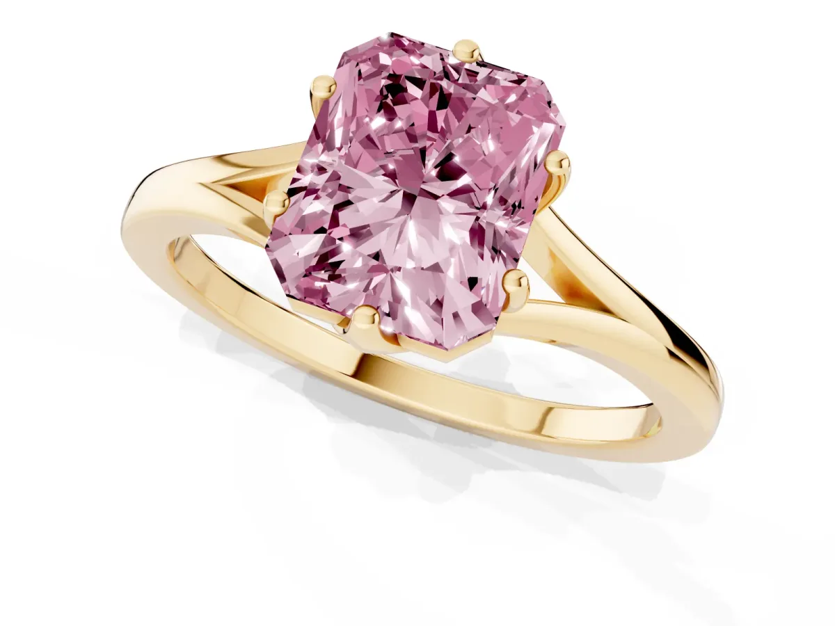 Fancy Pink Radiant Cut Solitaire Diamond Ring with Six-Prong Setting and Tapered Band Yellow gold