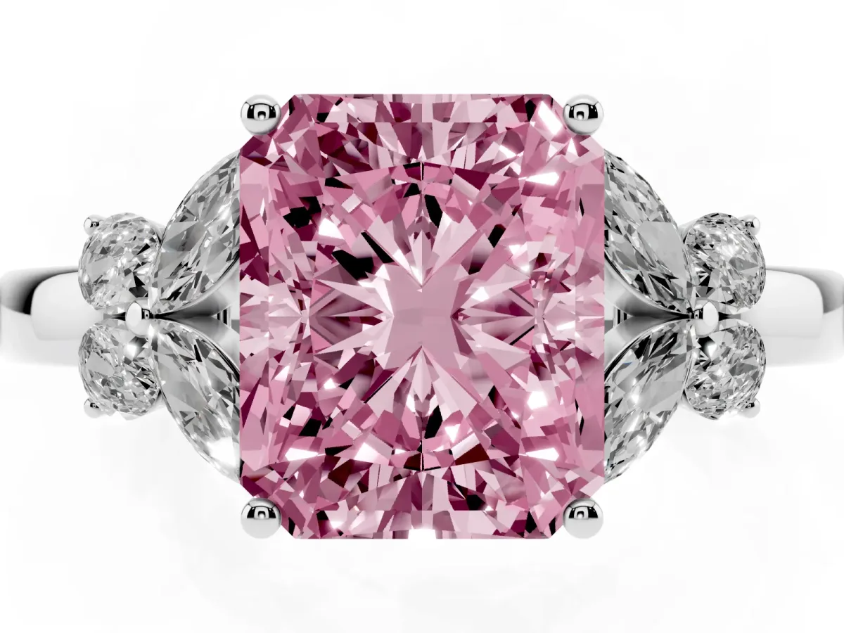 Fancy Pink Radiant Cut Cut Solitaire Floral Diamond Ring with Four-Prong Setting Silver