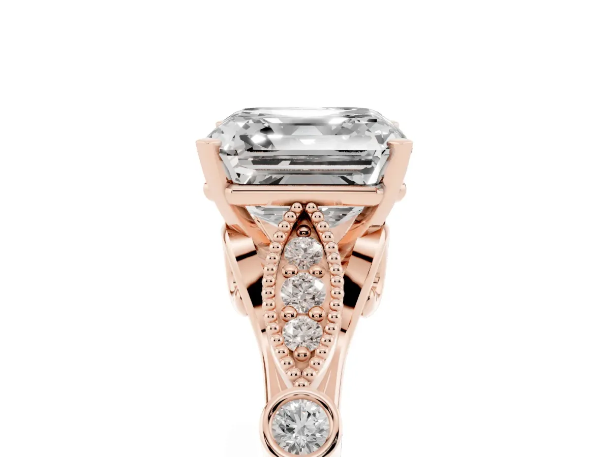 Asscher Cut Cut Diamond with Milgrain Marquise and Bezel Accents on a Solitaire Band with Prong Setting Rose gold