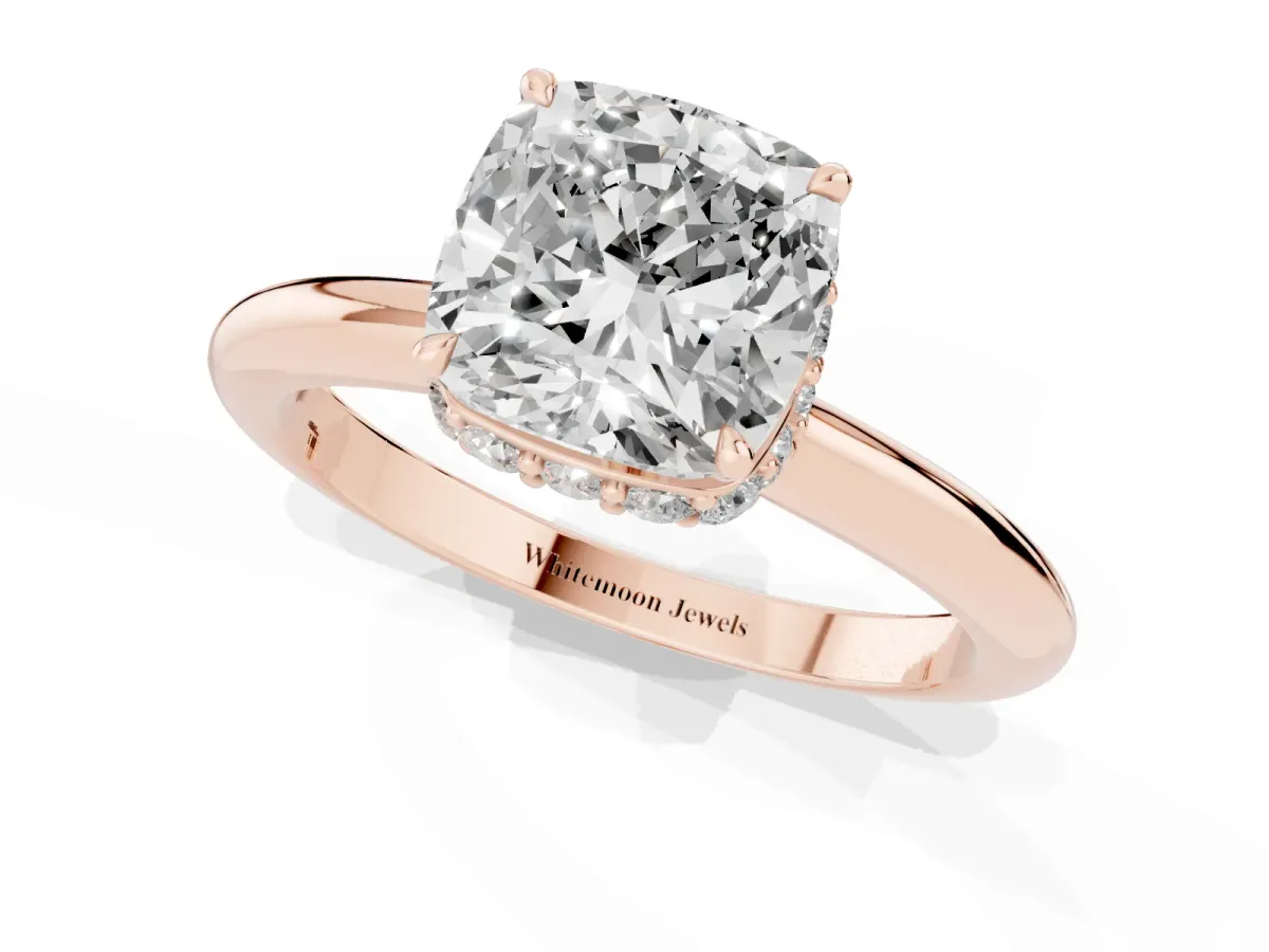 Cushion Cut Brilliant Solitaire Engagement Ring with Six-Prong Setting and Classic Band Rose gold