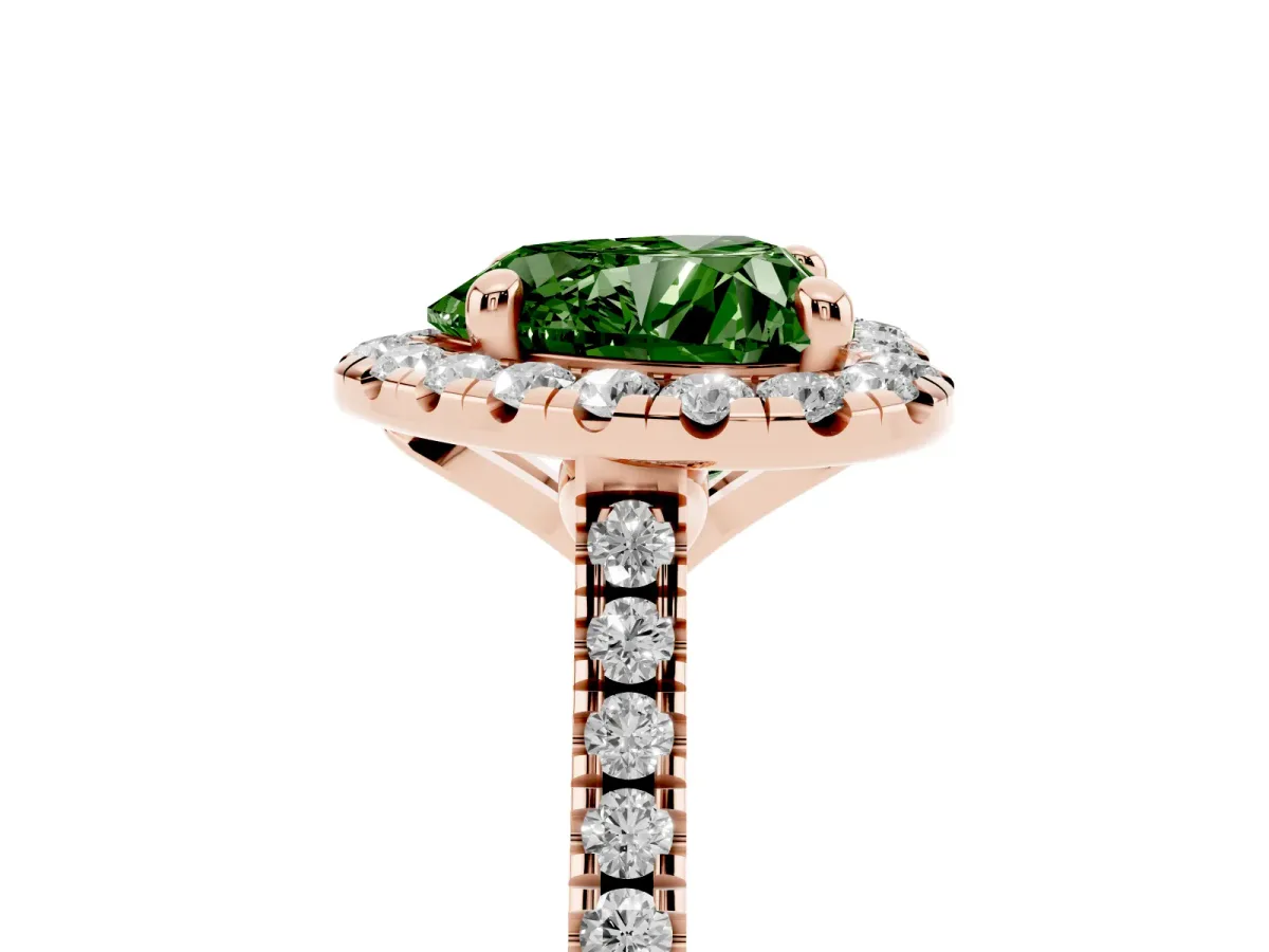 Fancy Green Heart Cut Diamond Cushion Halo Ring with Pavé Band Rose gold
