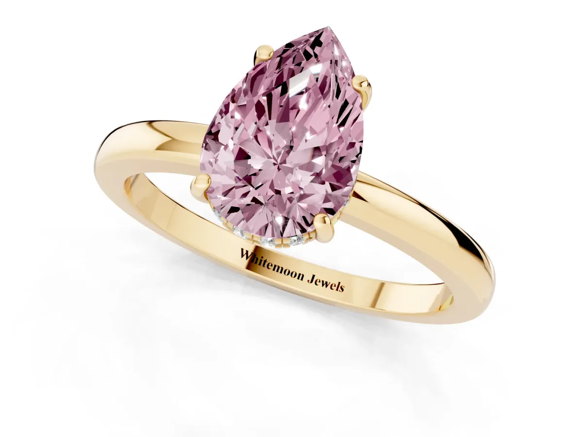 Fancy Pink Pear Cut Solitaire Diamond Ring with Prong Setting and Plain Band Yellow gold