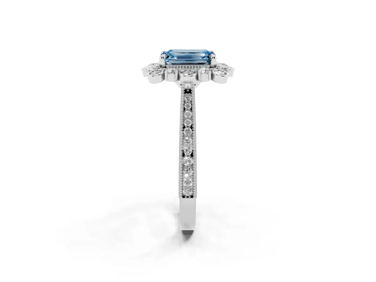 Fancy Blue Emerald Cut Halo Milgrain Pave Diamond Ring with Four-Prong Setting Silver
