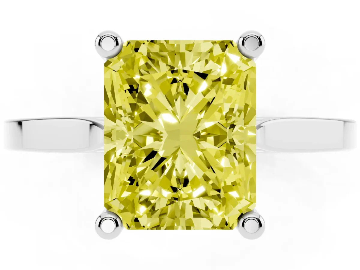 Fancy Yellow Radiant Cut Solitaire Diamond Ring with Four-Prong Setting and Tapered Band Silver