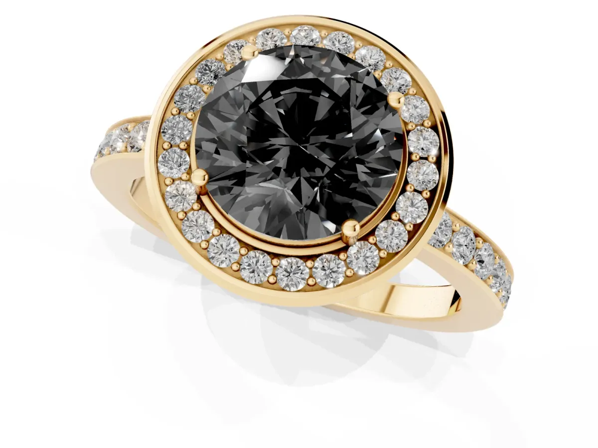 Fancy Black Round Cut Diamond Halo Ring with Bezel Frame and Pavé Band Yellow gold