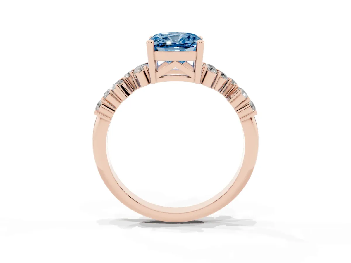Fancy Blue Cushion Cut Diamond Scattered Round Accent Ring with Prong Setting Rose gold