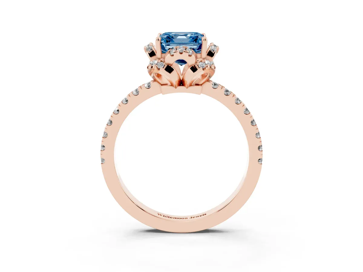 Fancy Blue Asscher Cut Diamond Halo Pave Band with Four-Prong Setting Rose gold
