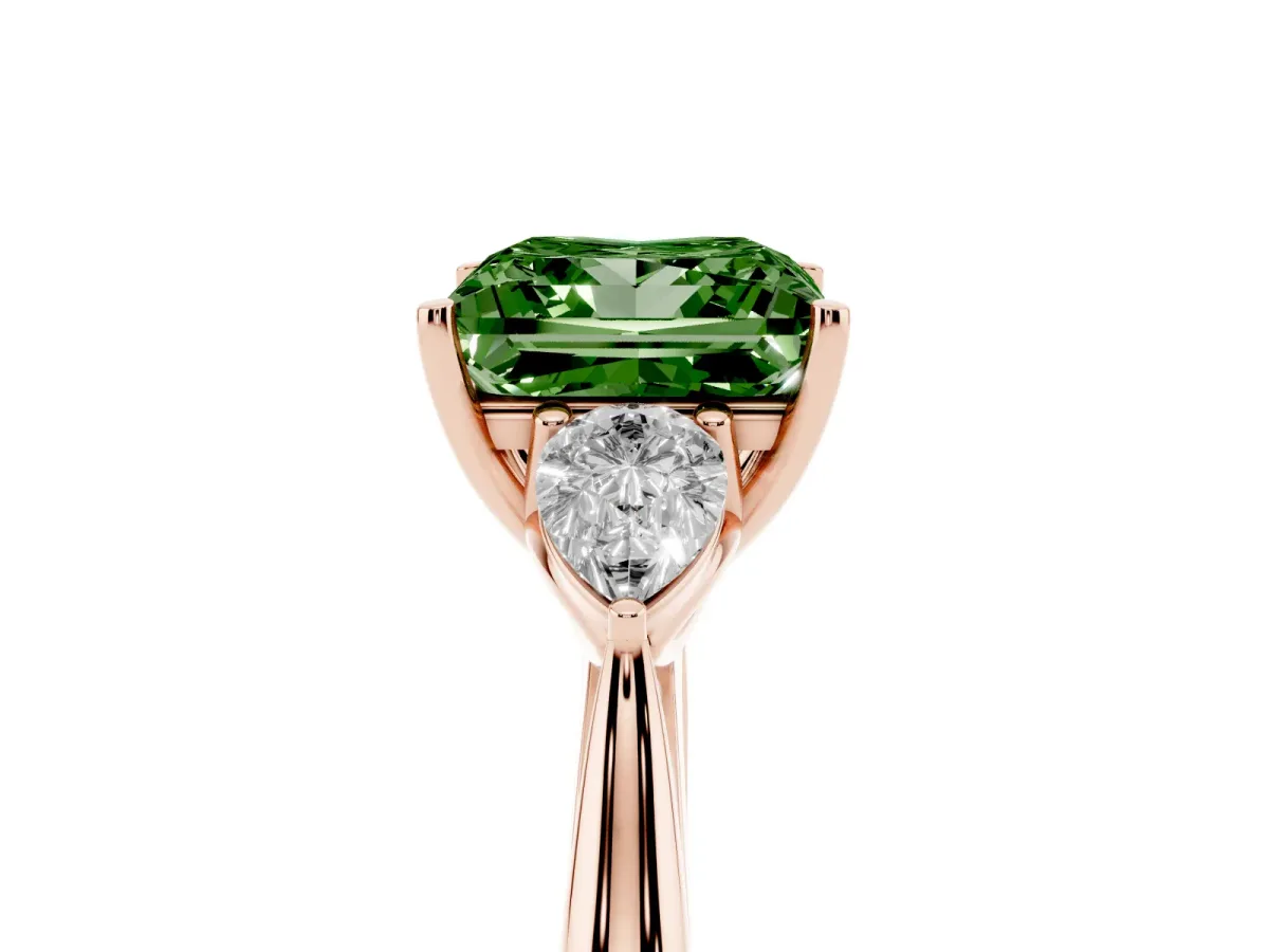 Fancy Green Princess Cut Diamond Three-Stone Ring with Pear Side Stones and Prong Setting Rose gold