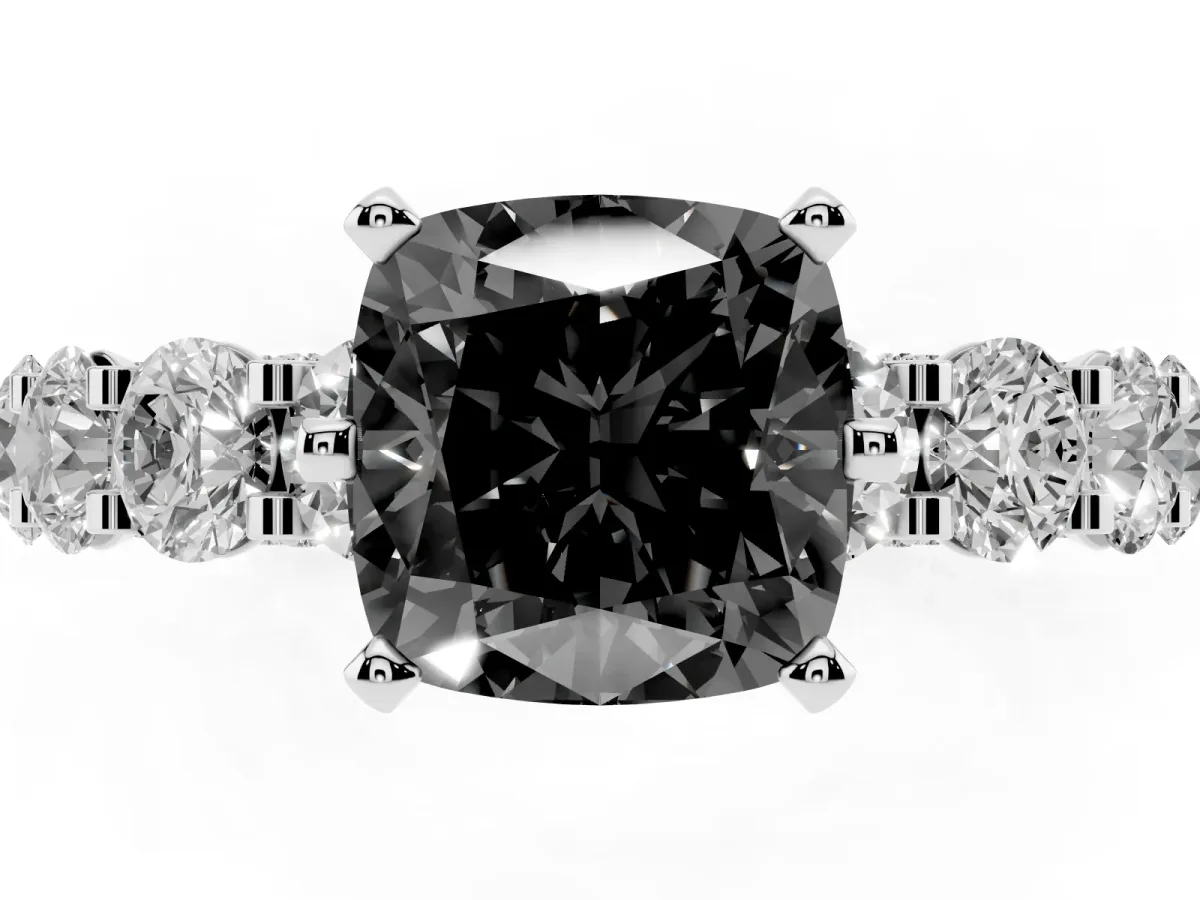 Fancy Black Cushion Cut Diamond Side Stone Engagement Ring with Four-Prong Setting Silver