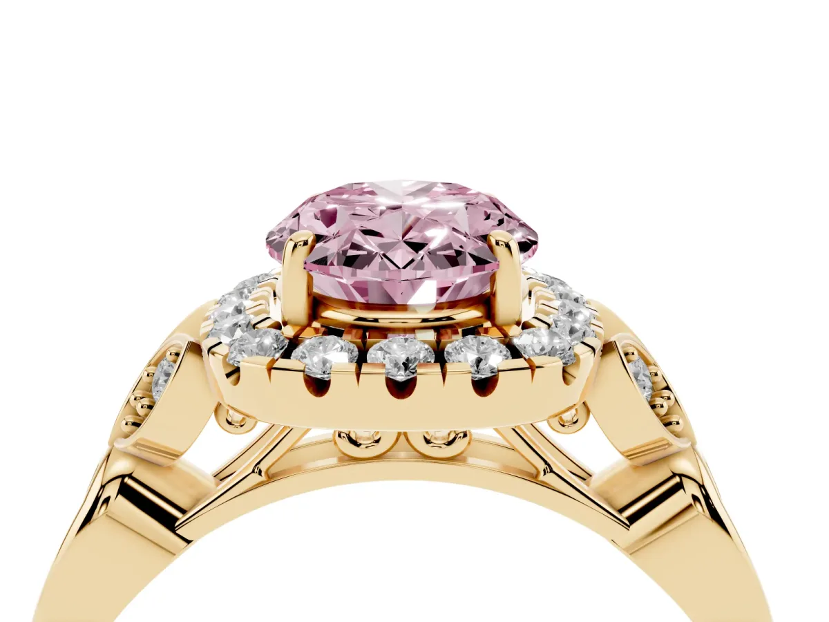 Fancy Pink Oval Cut Halo Diamond Engagement Ring with Vintage-Inspired Band and Four-Prong Setting Yellow gold