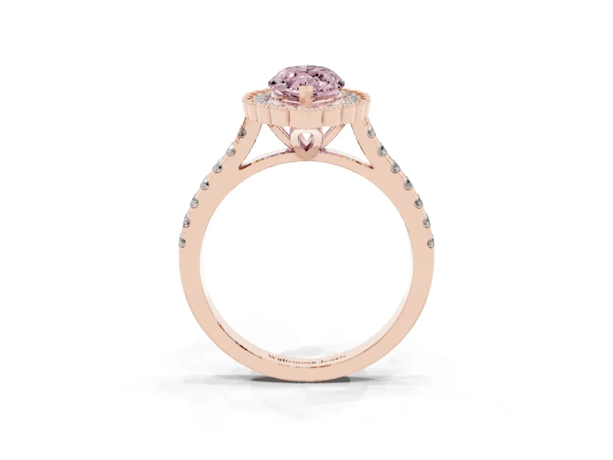 Fancy Pink Marquise Cut Cut Diamond Milgrain Floral Halo Engagement Ring with Pavé Band Rose gold