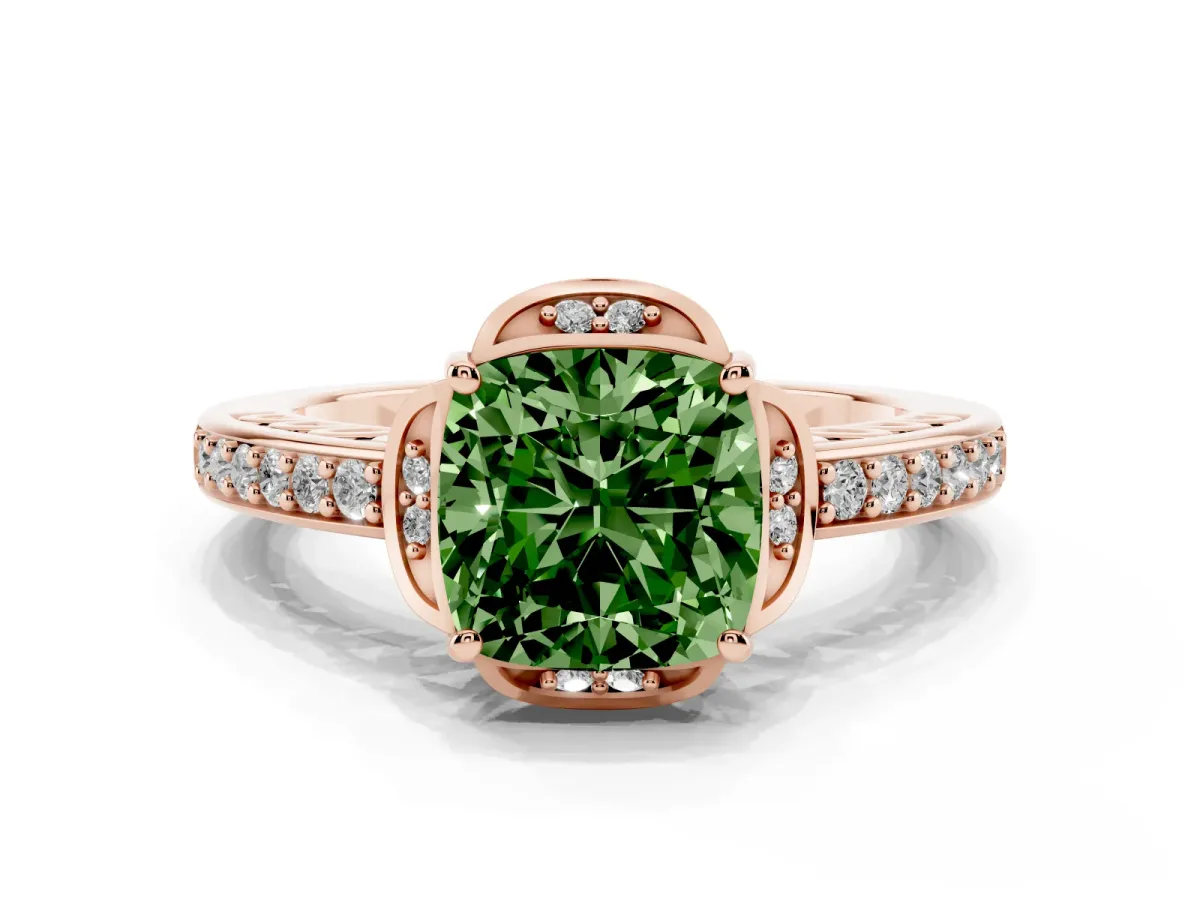 Fancy Green Cushion Cut Cut Halo Diamond Ring with Channel Set Band and Four-Prong Setting Rose gold
