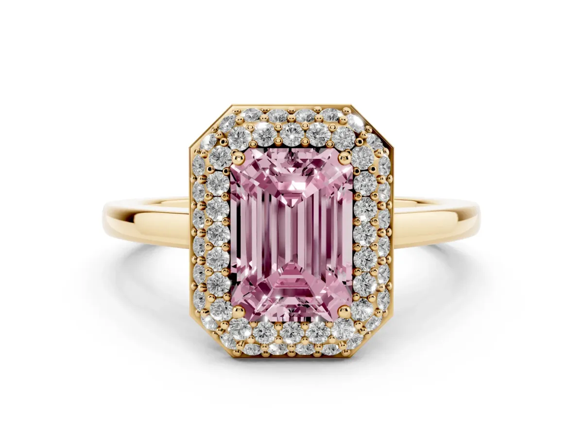 Fancy Pink Emerald Cut Halo Diamond Engagement Ring with Solitaire Band and Four-Prong Setting Yellow gold