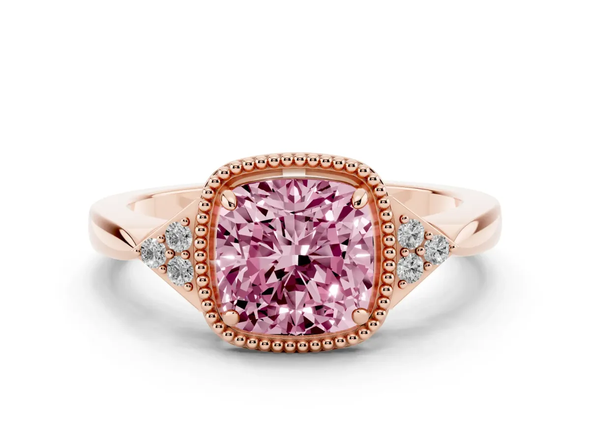 Fancy Pink Hexagonal Halo Cushion Cut Diamond Solitaire with Pavé Band and Four-Prong Setting Rose gold