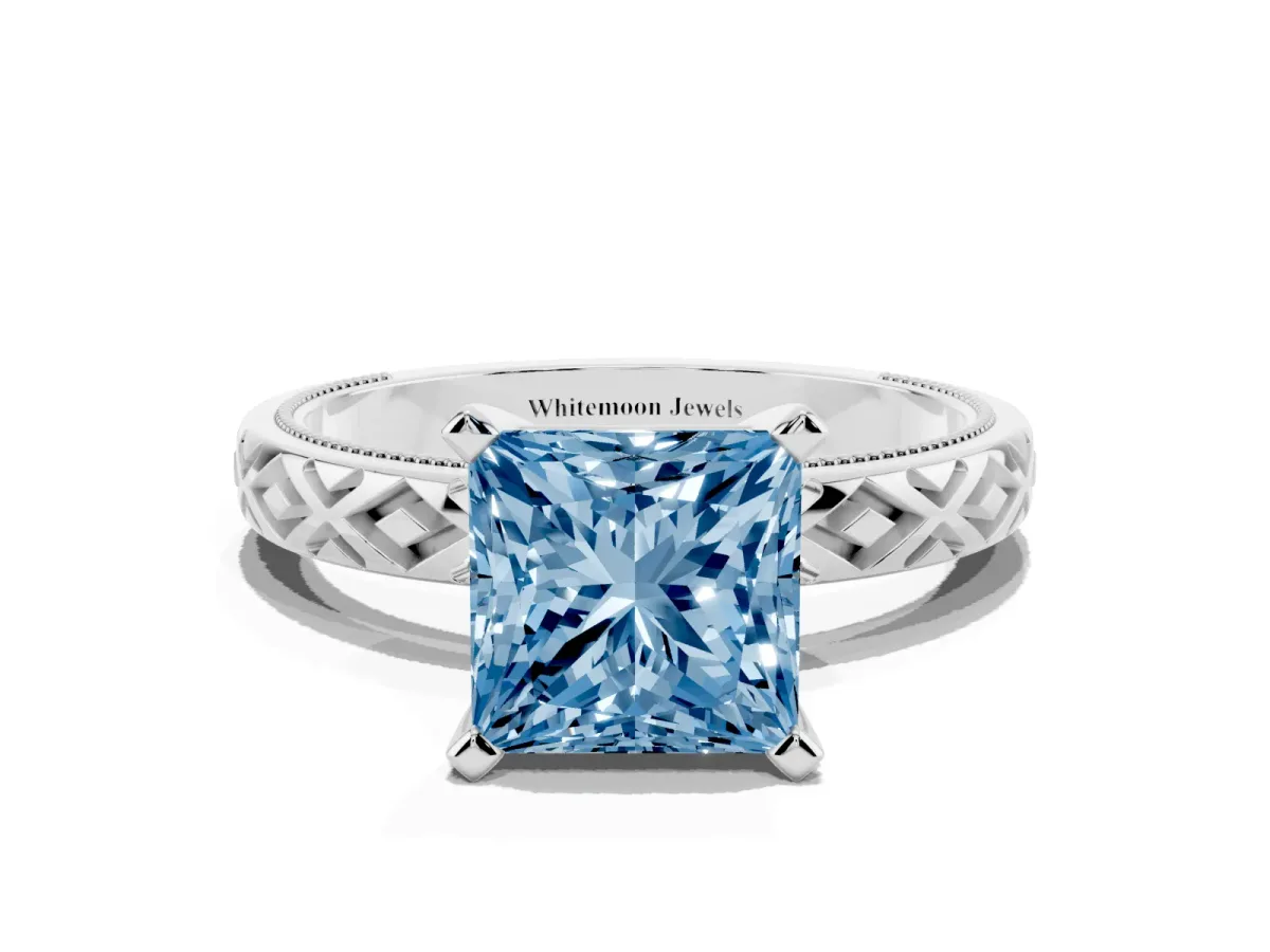 Fancy Blue Princess Cut Solitaire Diamond Ring with Milgrain and Black Enamel X Pattern Band Silver