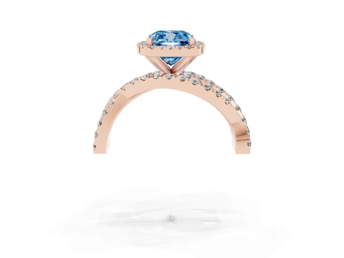 Fancy Blue Cushion Cut Diamond Halo Ring with Round Split Shank and Prong Setting Rose gold