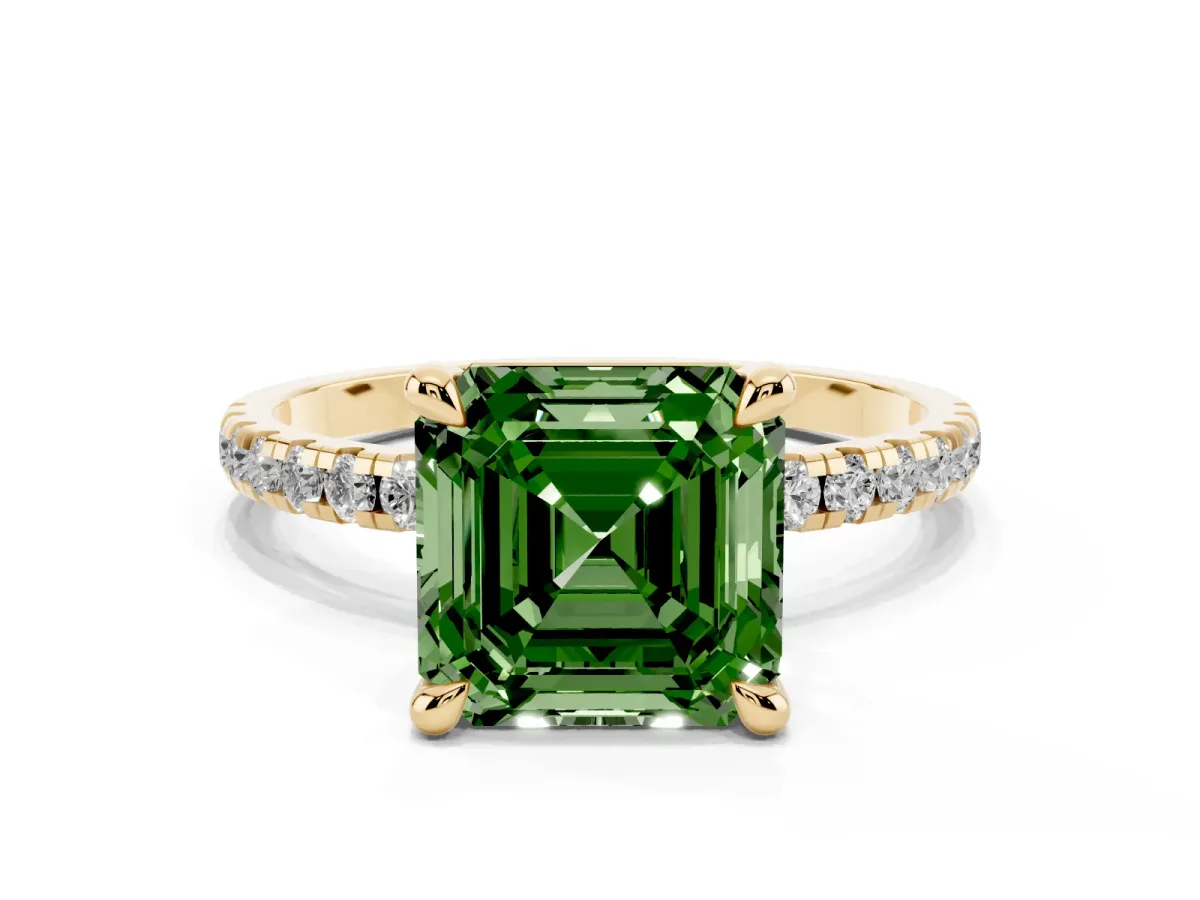 Fancy Green Asscher Cut Diamond Brilliant Solitaire Ring with Pavé Band and Four-Prong Setting Yellow gold