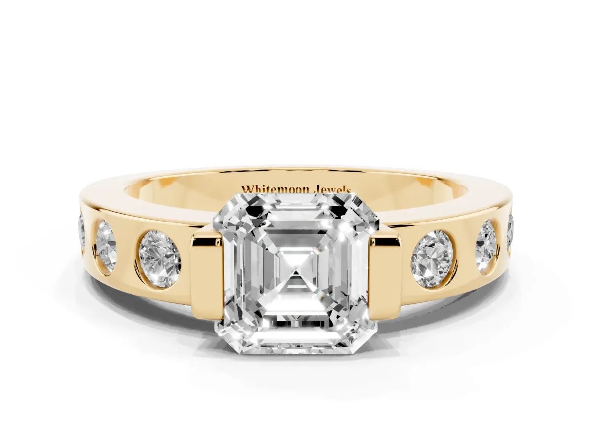 Asscher Cut Brilliant Channel-Set Diamond Ring with Bezel Prong Setting Yellow gold