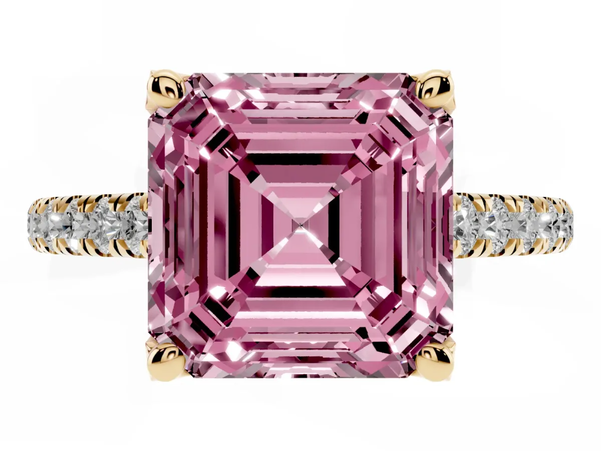 Fancy Pink Asscher Cut Brilliant Diamond Solitaire with Pavé Band and Four-Prong Setting Yellow gold