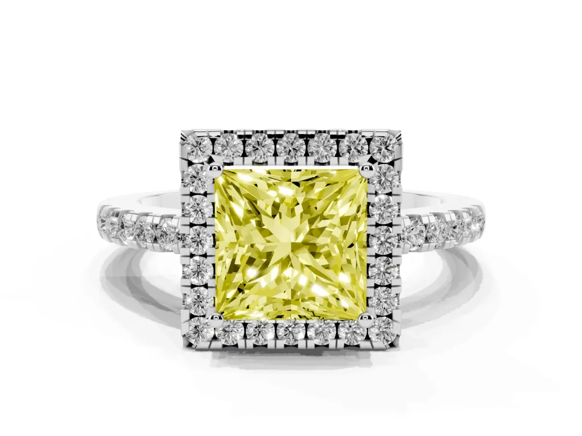 Fancy Yellow Princess Cut Halo Diamond Engagement Ring with Pavé Band and Four-Prong Setting Silver