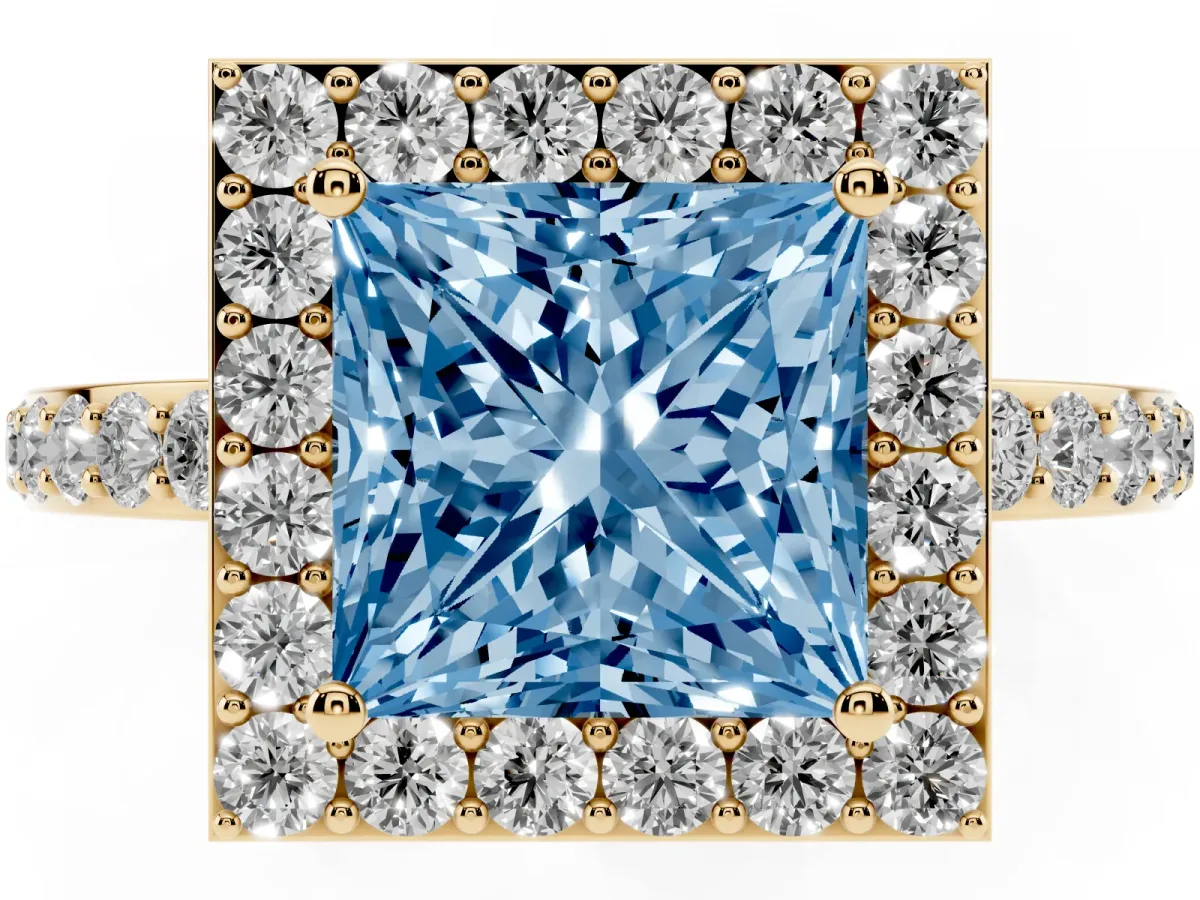 Fancy Blue Princess Cut Halo Diamond Pavé Band Ring with Prong Setting Yellow gold