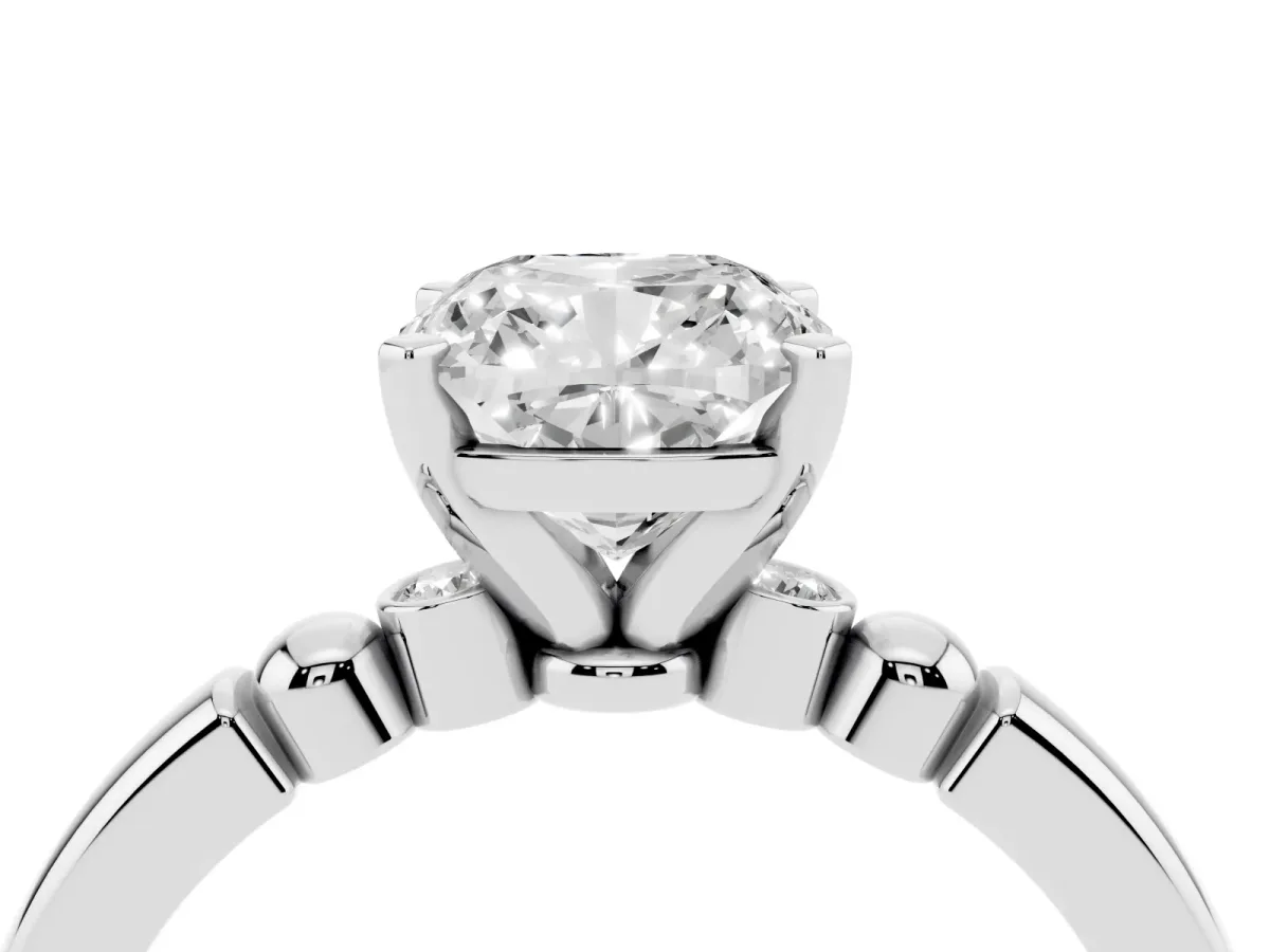 Cushion Cut Solitaire Beaded Band with Four-Prong Setting Silver