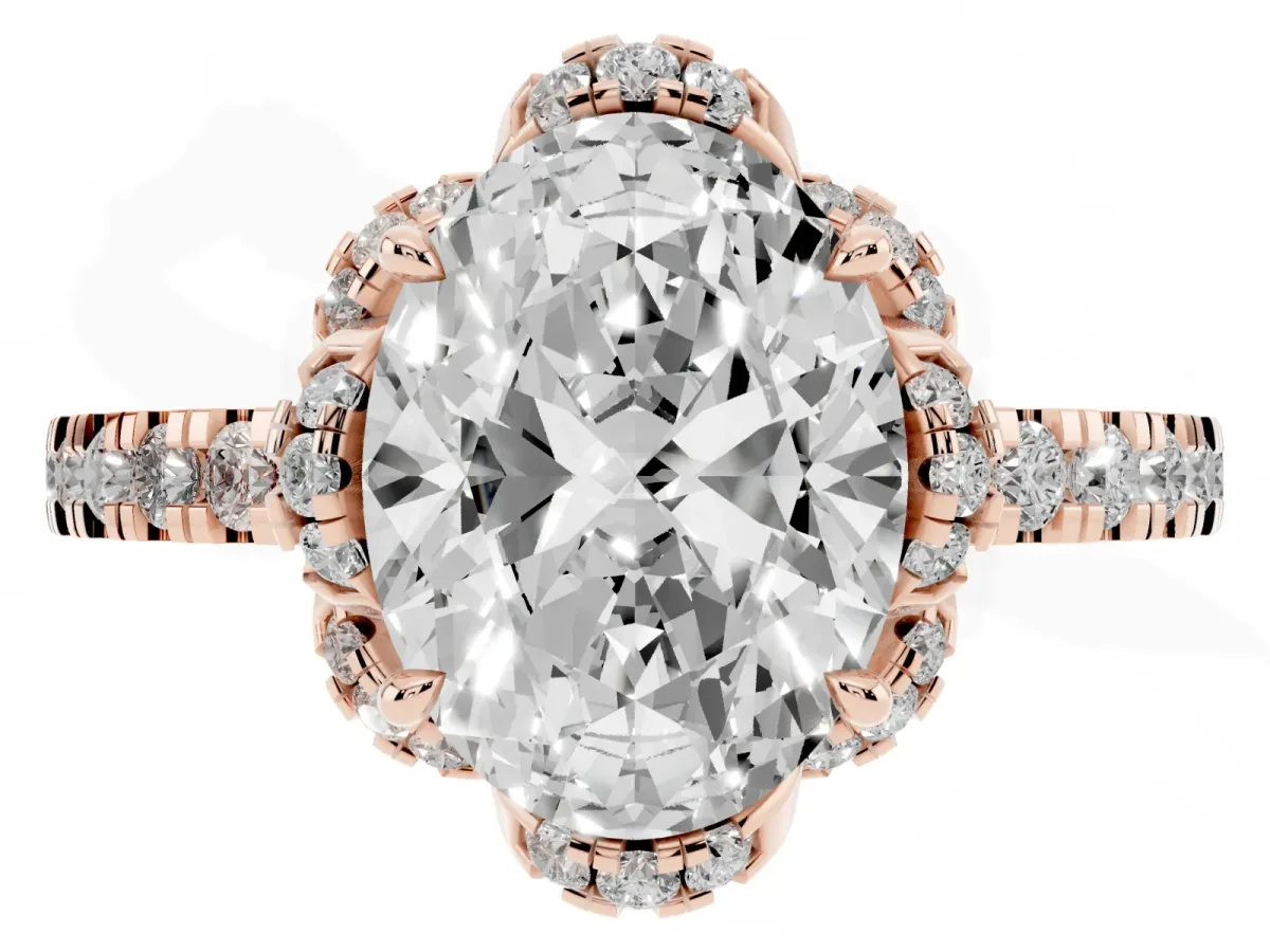 Oval Cut Halo Diamond Pave Band Ring with Four-Prong Setting Rose gold