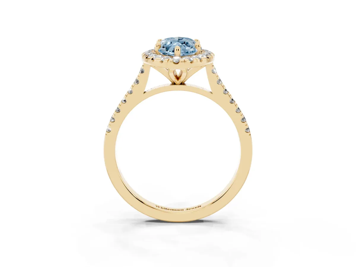 Fancy Blue Marquise Cut Diamond Cushion Halo Ring with Pavé Band Yellow gold
