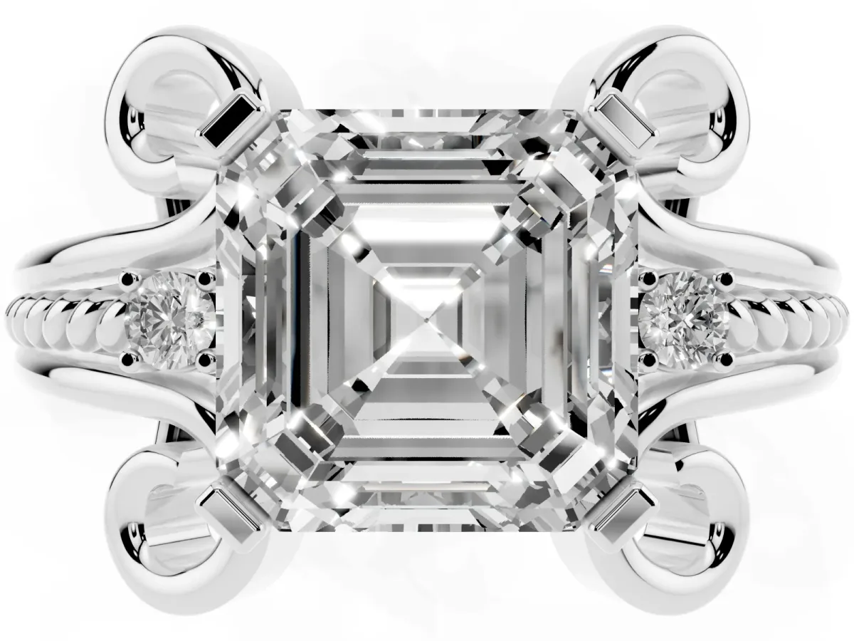 Asscher Cut Solitaire Twisted Band Scroll Prong Ring Silver