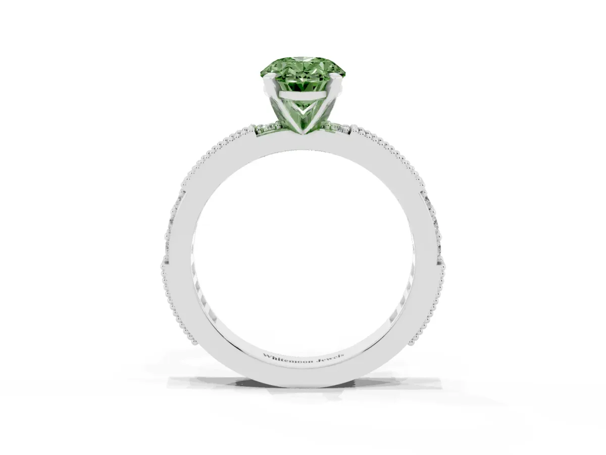 Fancy Green Oval Cut Solitaire with Pavé Band and Four-Prong Setting Silver