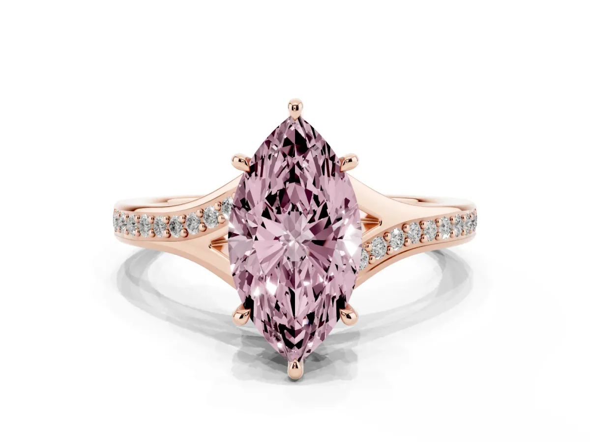 Fancy Pink Marquise Cut Diamond Solitaire Ring with Pavé Band and Prong Setting Rose gold