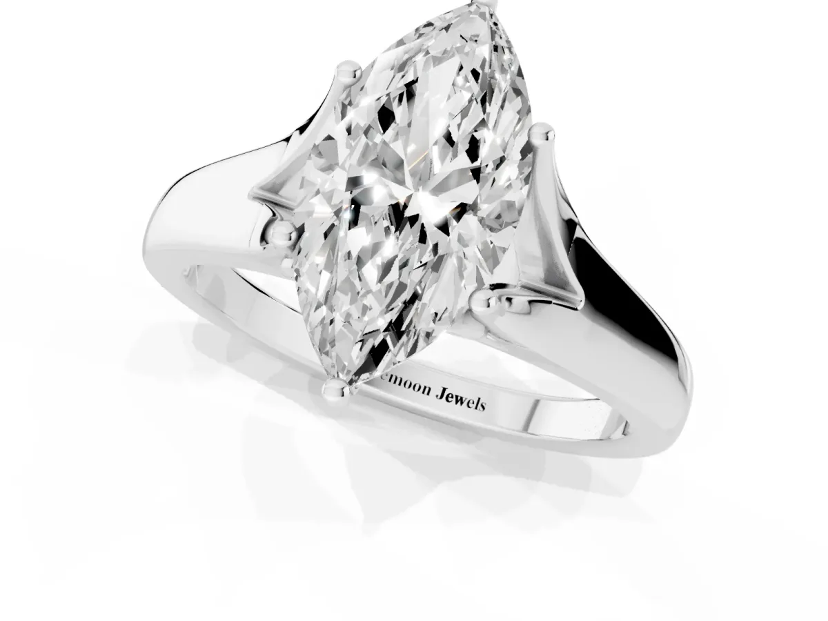 Marquise Cut Solitaire Diamond Ring with Cathedral Band and Four-Prong Setting Silver