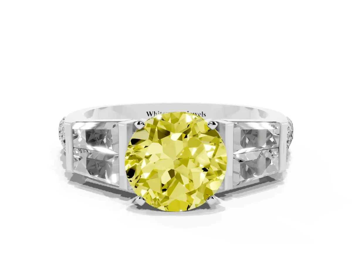 Fancy Yellow Round Cut Diamond Engagement Ring with Baguette Side Stones and Channel Set Band Silver