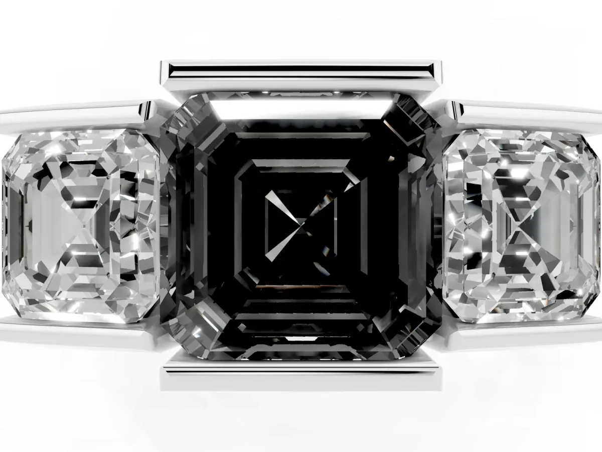 Fancy Black Three Stone Asscher Cut Cut Channel Set Diamond Ring Silver