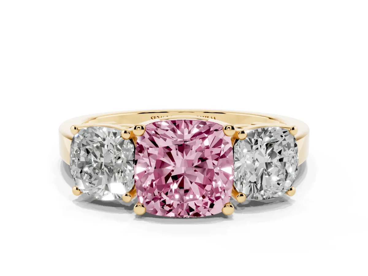 Fancy Pink Three-Stone Cushion Cut Cut Diamond Engagement Ring with Flat Band and Four-Prong Setting Yellow gold