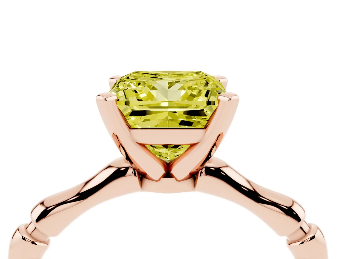 Fancy Yellow Princess Cut Solitaire Diamond Ring with Bamboo Band and Four-Prong Setting Rose gold