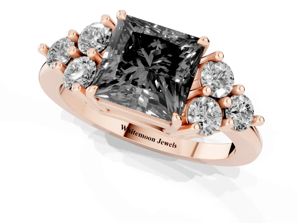 Fancy Black Princess Cut Brilliant Diamond Cluster Accent Solitaire Ring with Prong Setting Rose gold