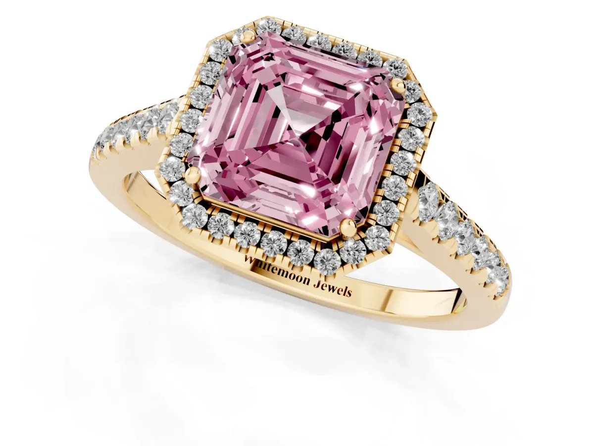 Fancy Pink Asscher Cut Halo Pave Diamond Engagement Ring with Four-Prong Setting Yellow gold