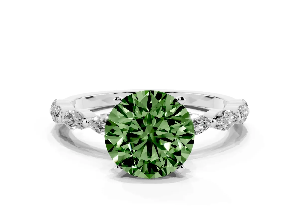Fancy Green Round Cut Diamond Ring with Marquise Side Stones and Prong Setting Silver